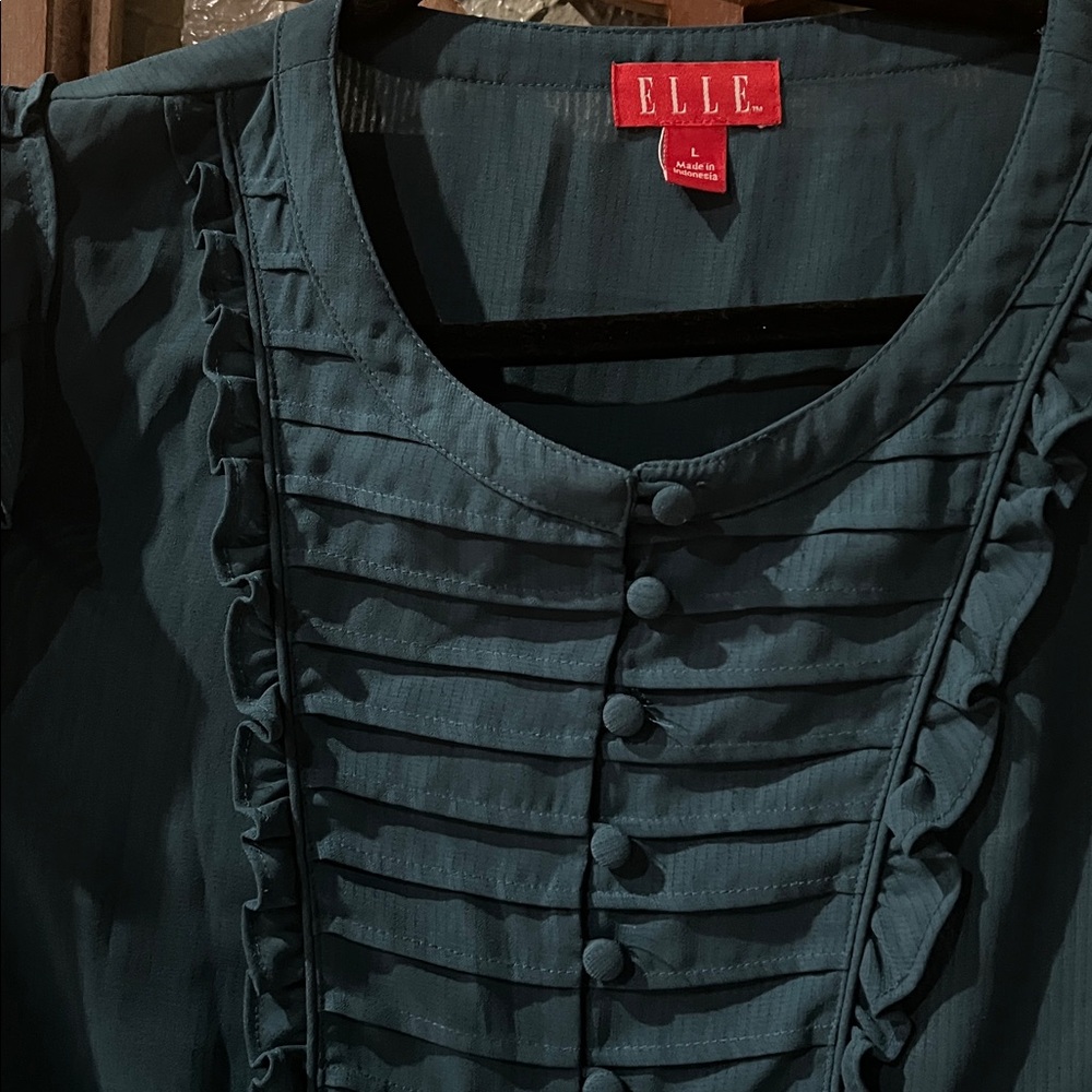 Elle Blue Green Ruffle Peasant Blouse - Picture 2 of 3